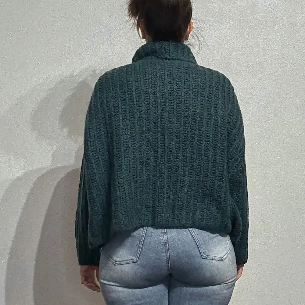 Free People Green Chunky Knit Turtleneck Oversized Sweater Sz XS